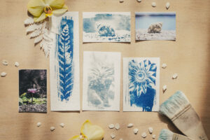 Lot papeterie tropical fabriqué en France fait main cyanotype & stickers spécial fête des mères